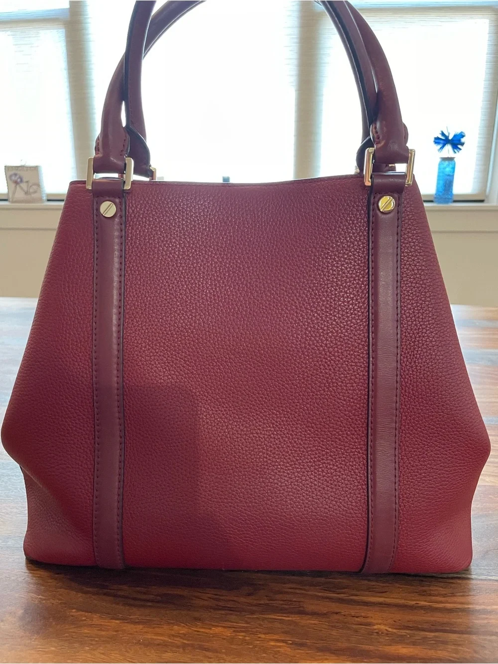 Michael Kors Burgundy Pebbled Leather Satchel with Gold Hardware